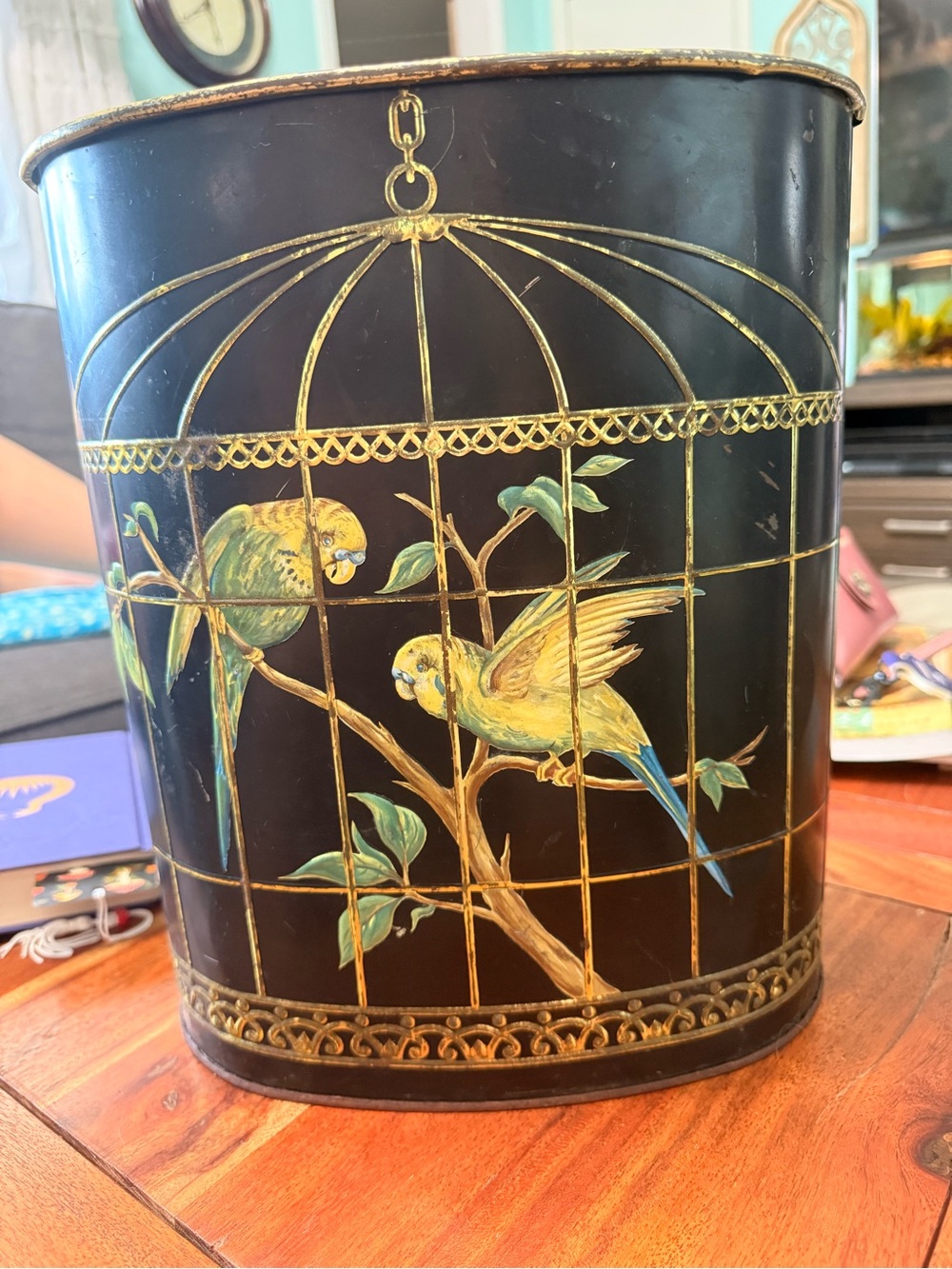 Weibro Corp Vintage 13" MCM Wastebasket Embossed Metallic Birdcage Lovebirds